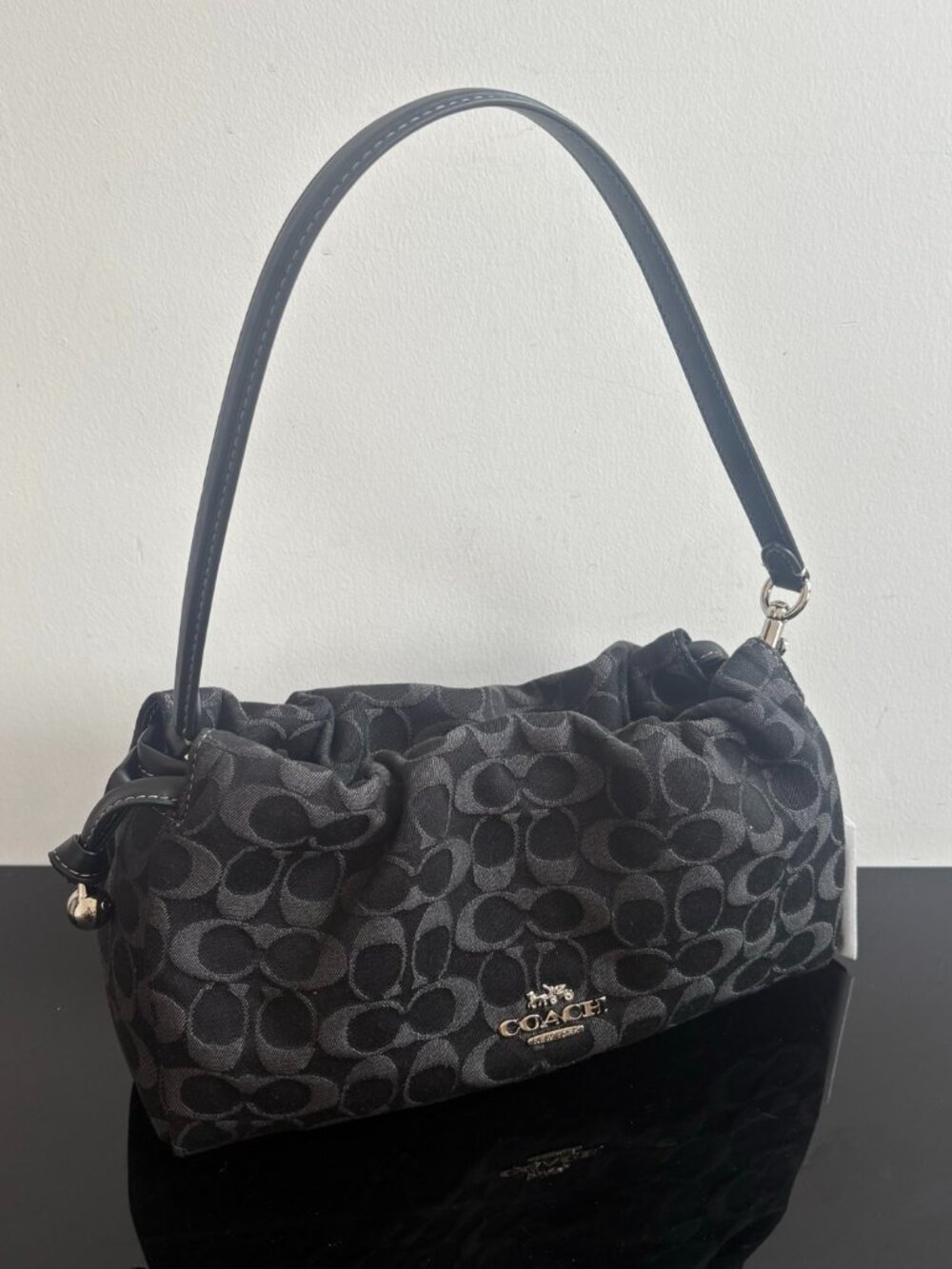 Gathered Signature Canvas Shoulder Bag, Black/Grey